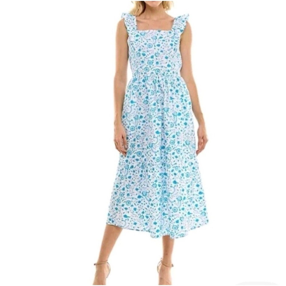 Draper James Blue White Floral Ruffle Strap Midi Dress Size M Cotton Cottagecore